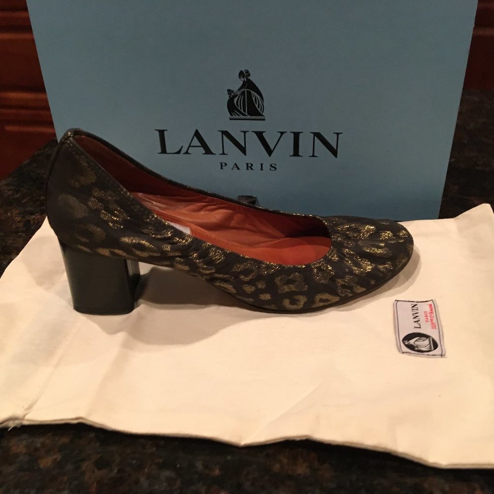 Lanvin Cube Heel Ballerina in Sheepskin, black/gold, size 36.5